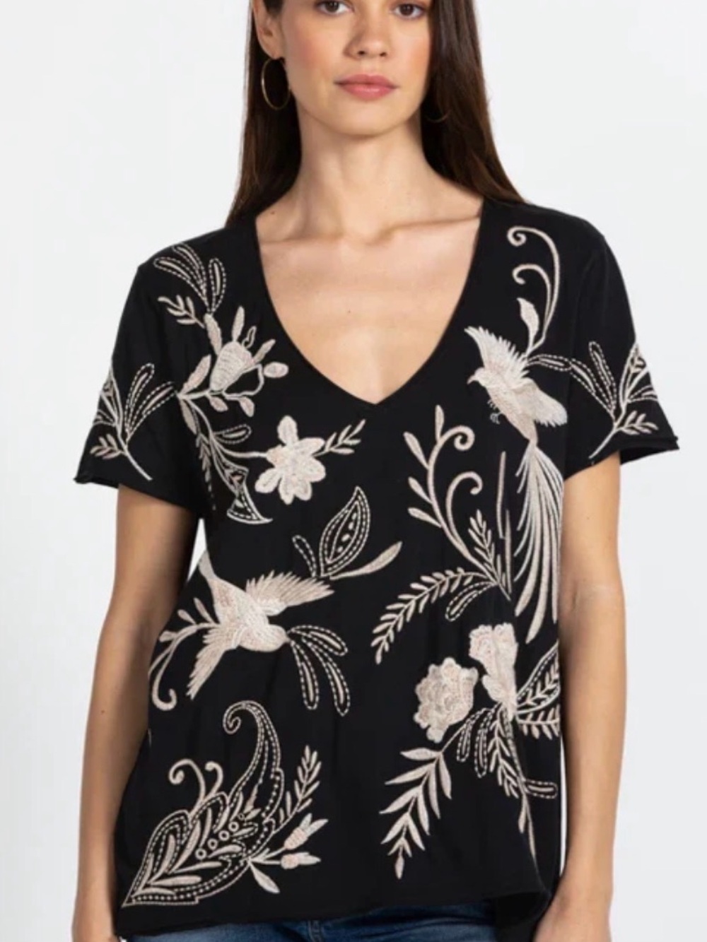 Johnny Was Frankie Everyday Tee Black Cotton Ivory Embroidery V Neck Shirt - L